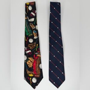 Pair Of Golf Themed Neck Ties - One Handmade Silk Tie, One Vintage Polyester Tie